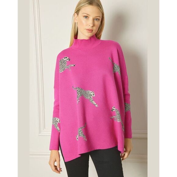 Entro Leaping Cheetah Hot Pink Oversized Sweater Size M - Picture 1 of 7